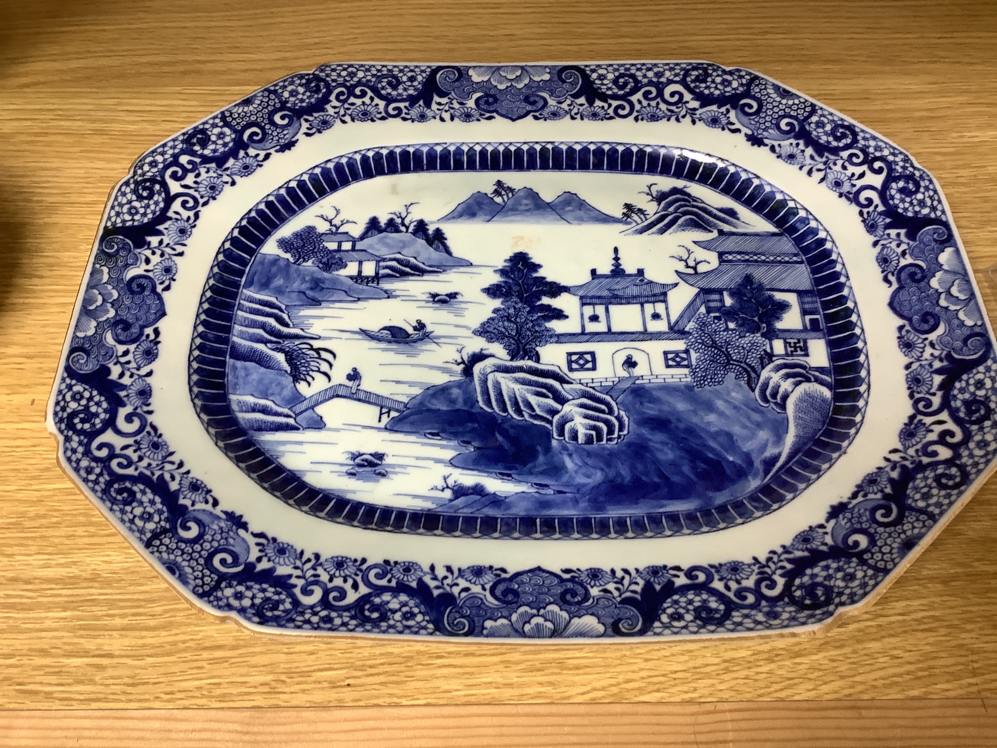 Two 18th century Chinese export blue and white meat plates, 36 x 28cm.